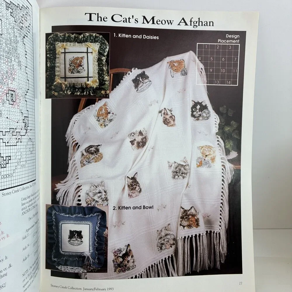 Cross Stitch Cats Meow Afghan Hearts Mushrooms birds Vtg 90s Elephant Zebra Bibs